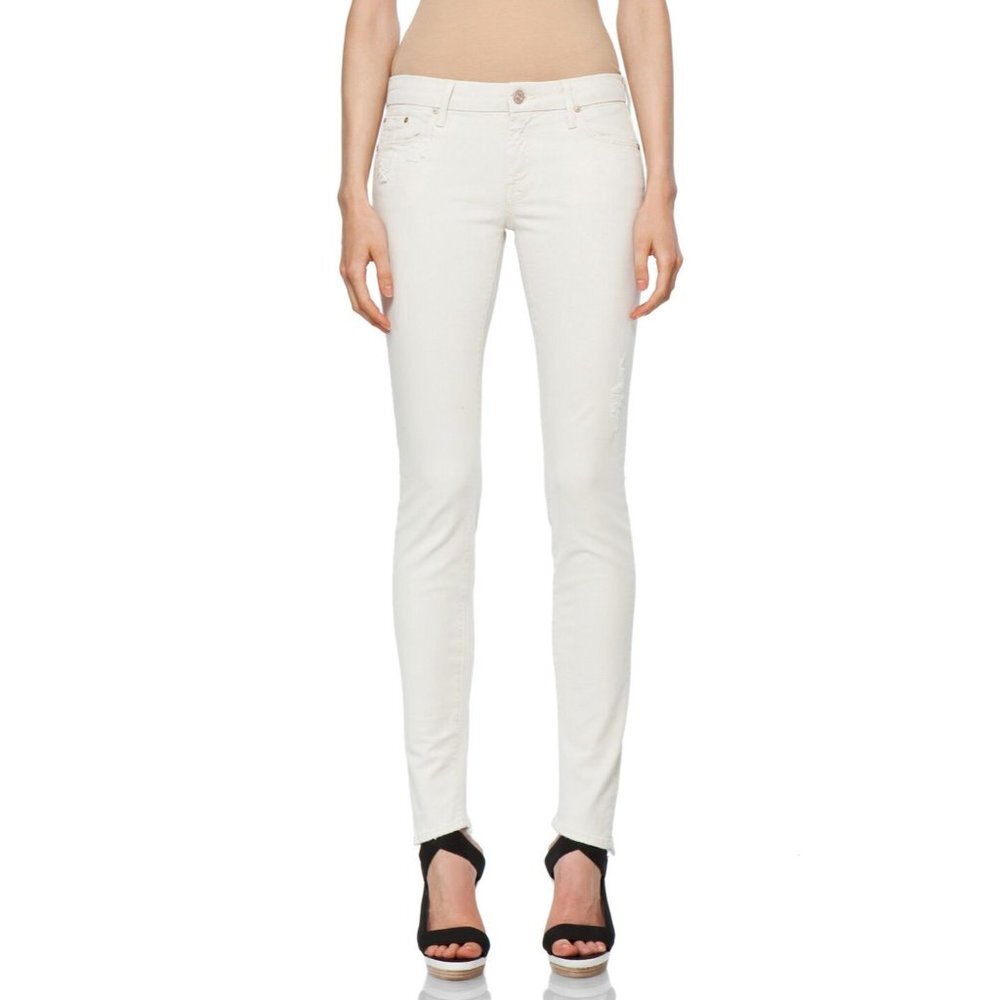 Mother The Looker Skinny Jeans in Cream For a Day 25 Ivory Distressed Low Rise